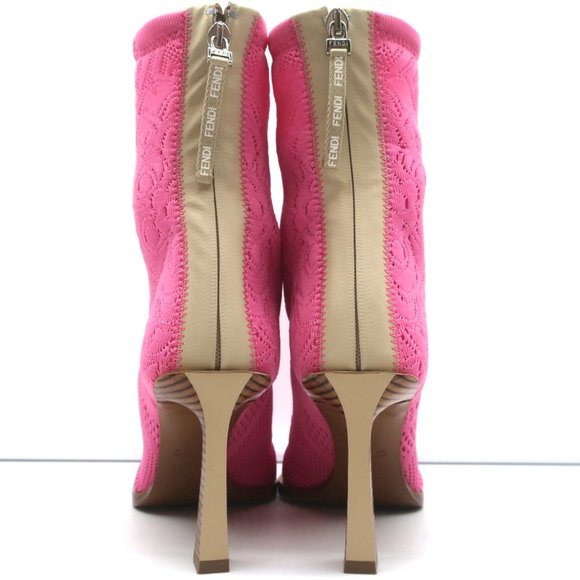 FENDI FFRAME JACQUARD MESH KNIT ANKLE BOOTS PINK SIZE 36 POINTED TOE HEEL - Picture 7 of 11